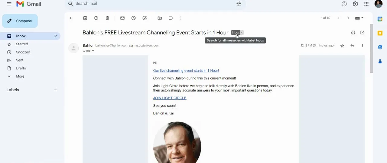 The live-event email received in the inbox