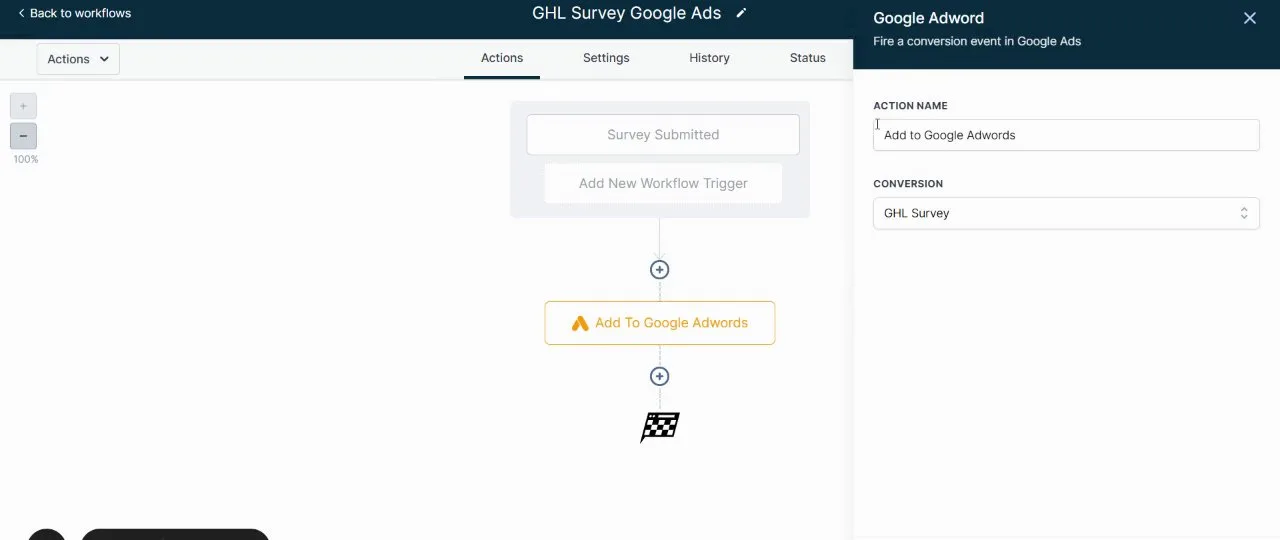 GoHighLevel workflow adding a Google Ads conversion
