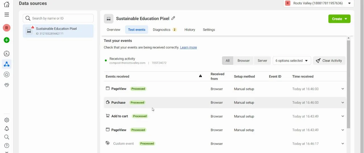 Events processed in Meta Test Events