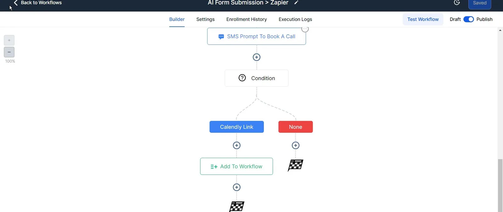 GoHighLevel workflow: AI form submission via Zapier