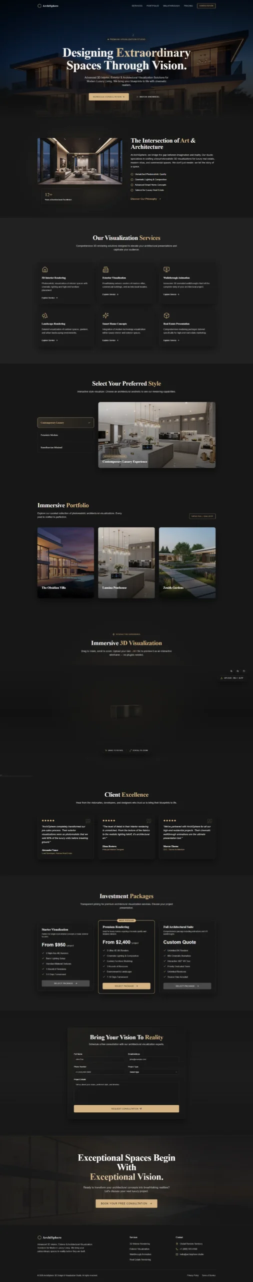 ArchiSphere Architecture & Interiors funnel design with page sections and calls to action