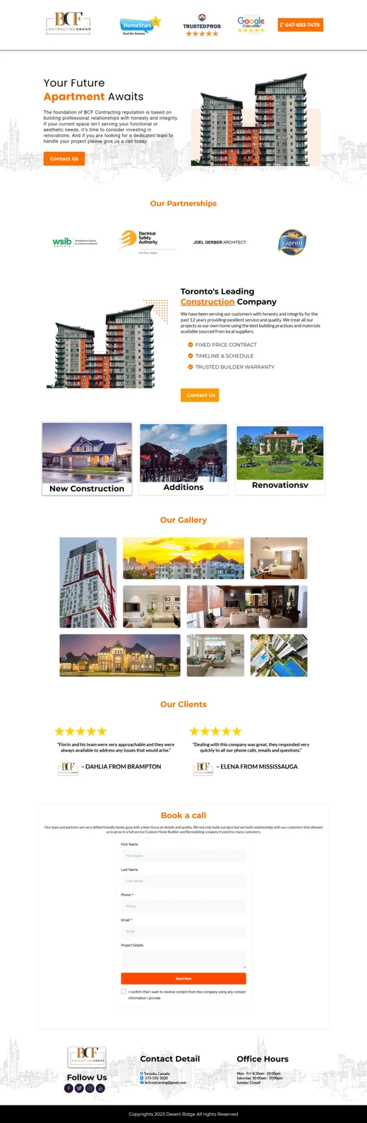 BCF Contracting Construction & Renovation funnel design with page sections and calls to action