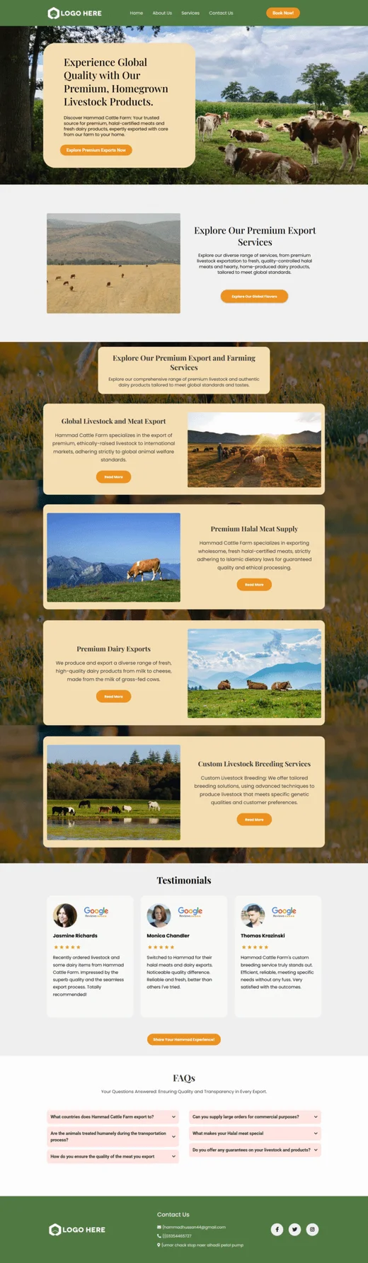 Cattle Farm Agriculture & Exports funnel design with page sections and calls to action