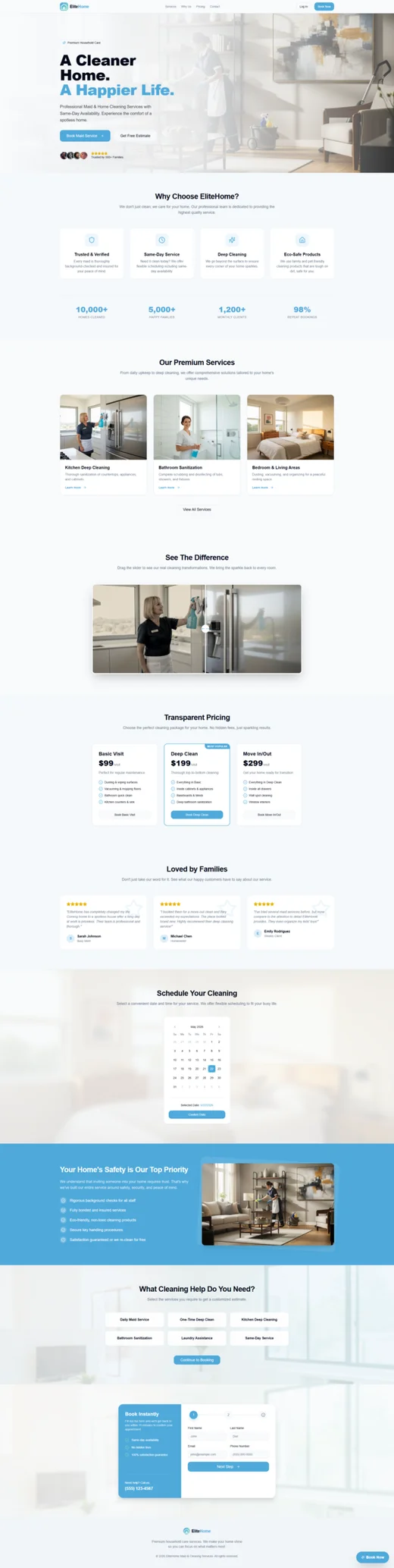 EliteHome Home Cleaning funnel design with page sections and calls to action