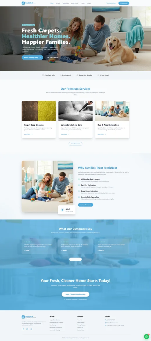 FreshNest Carpet & Upholstery funnel design with page sections and calls to action