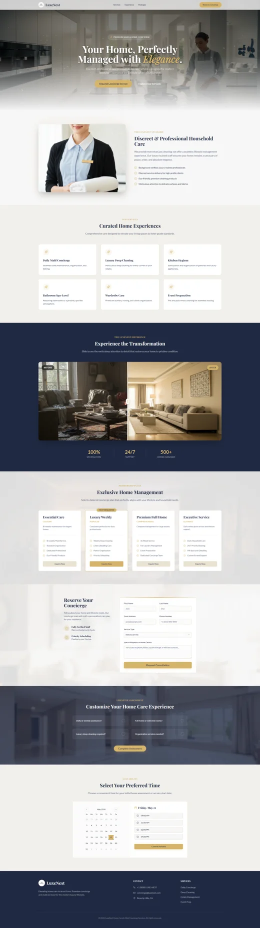 LuxeNest Home Concierge funnel design with page sections and calls to action