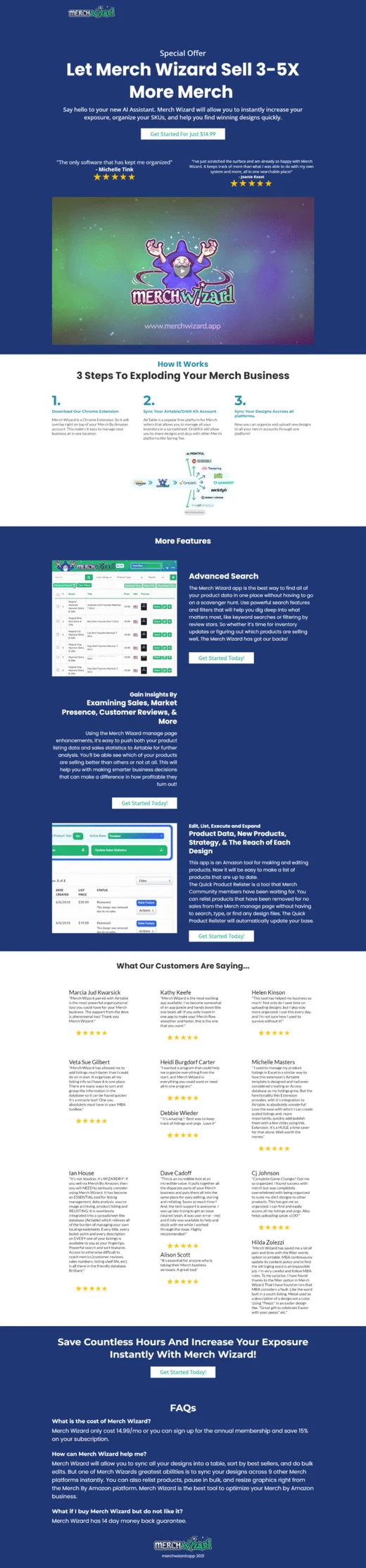 Merch Wizard Software Sales Funnel funnel design with page sections and calls to action