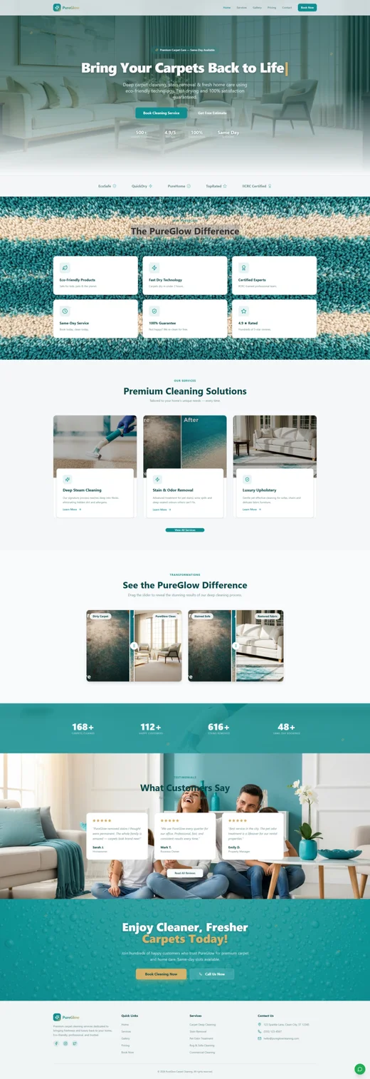 PureGlow Carpet Cleaning funnel design with page sections and calls to action