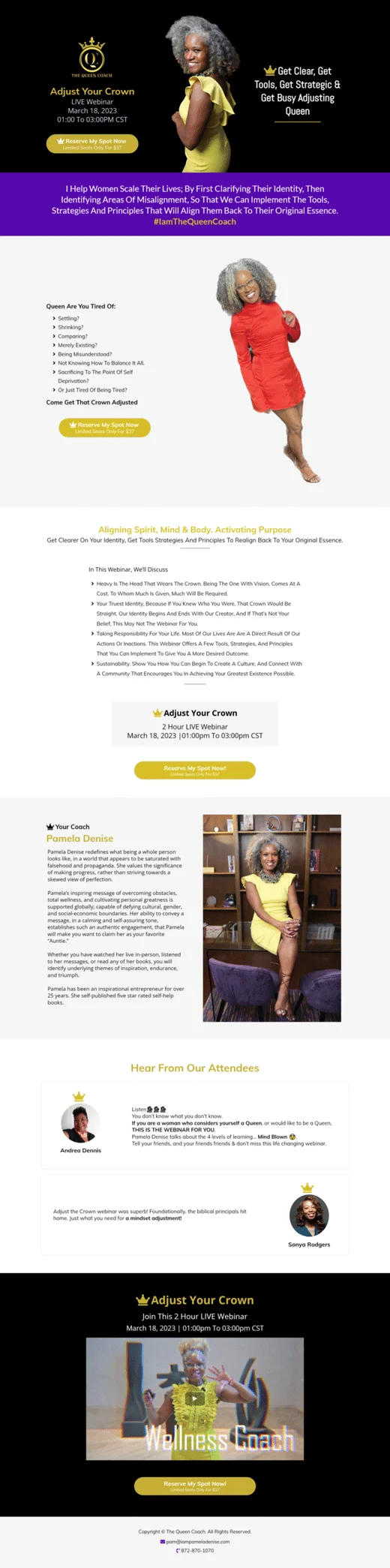 The Queen Coach Webinar Registration funnel design with page sections and calls to action