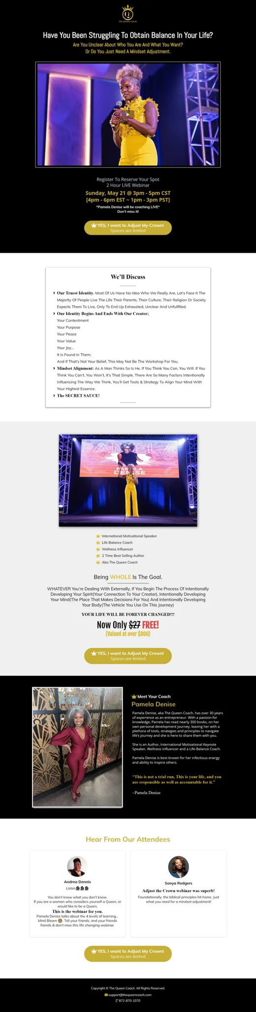 The Queen Coach Coaching Workshop funnel design with page sections and calls to action
