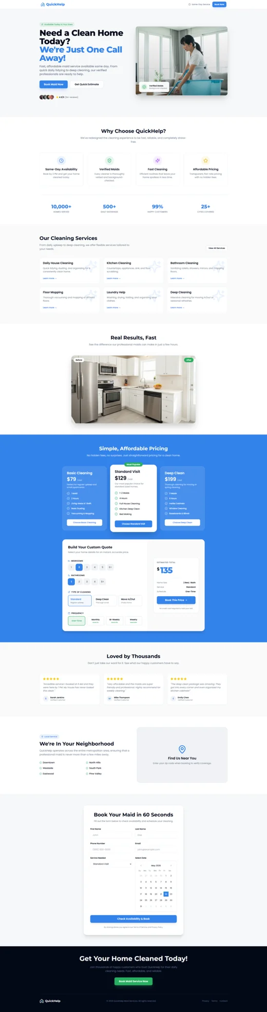 QuickHelp Maid Service funnel design with page sections and calls to action