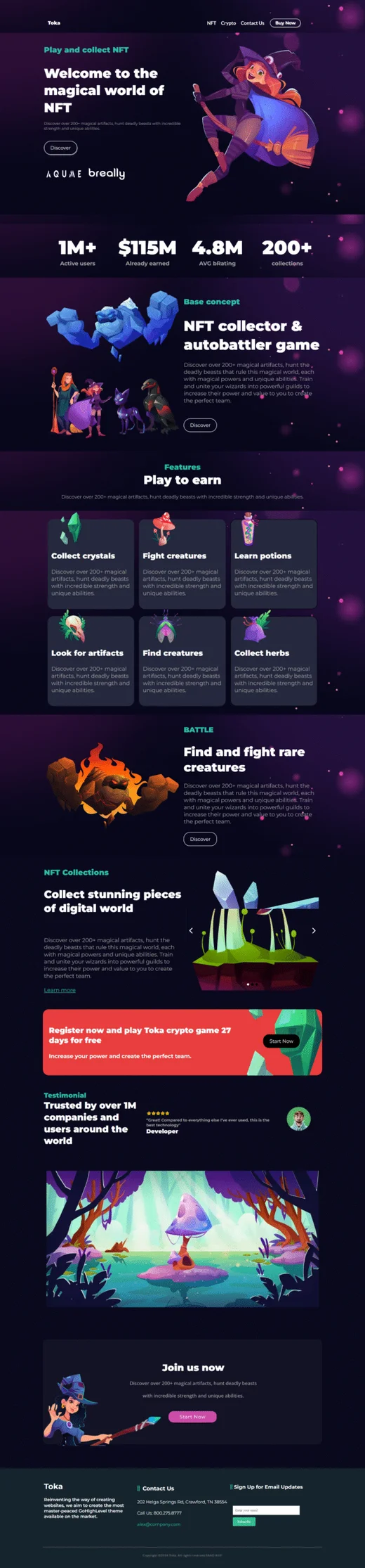 Toka Gaming Landing Page funnel design with page sections and calls to action