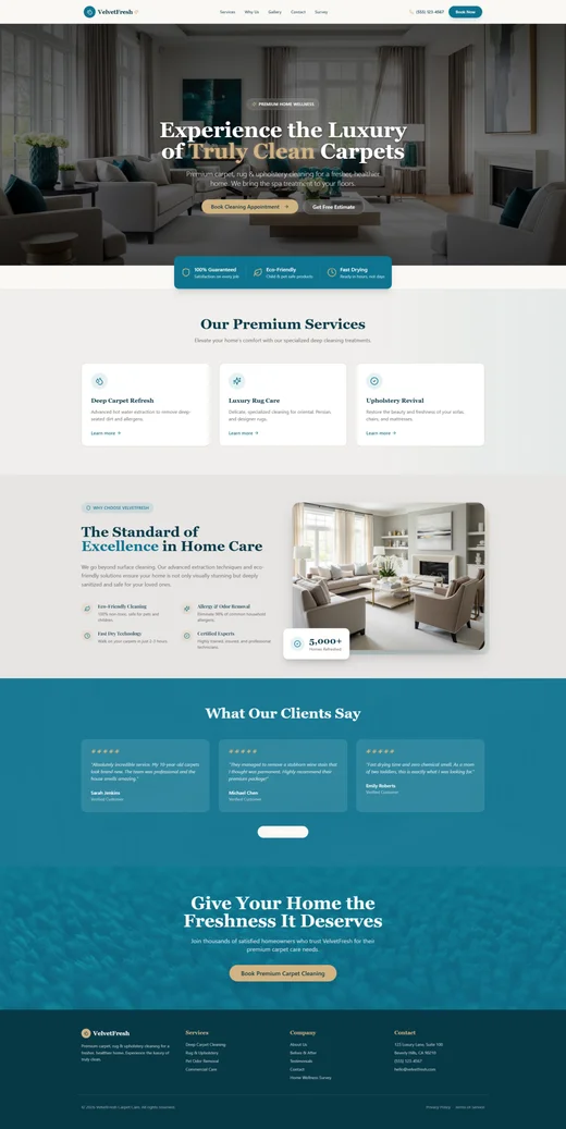 VelvetFresh Premium Carpet Care funnel design with page sections and calls to action