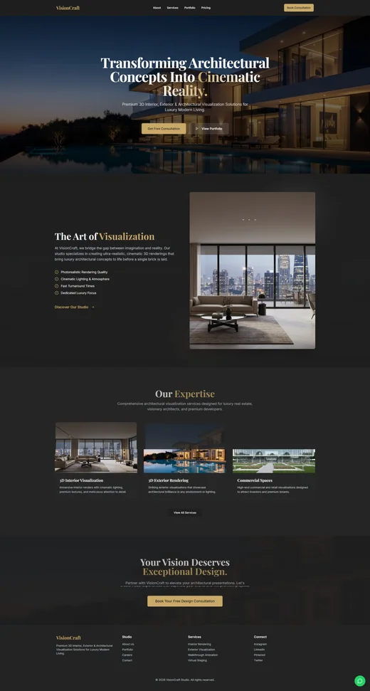 VisionCraft Architectural Visualization funnel design with page sections and calls to action