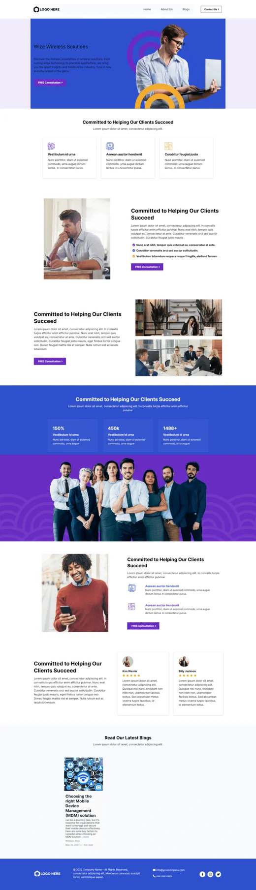 Wireless Solutions Technology Services funnel design with page sections and calls to action
